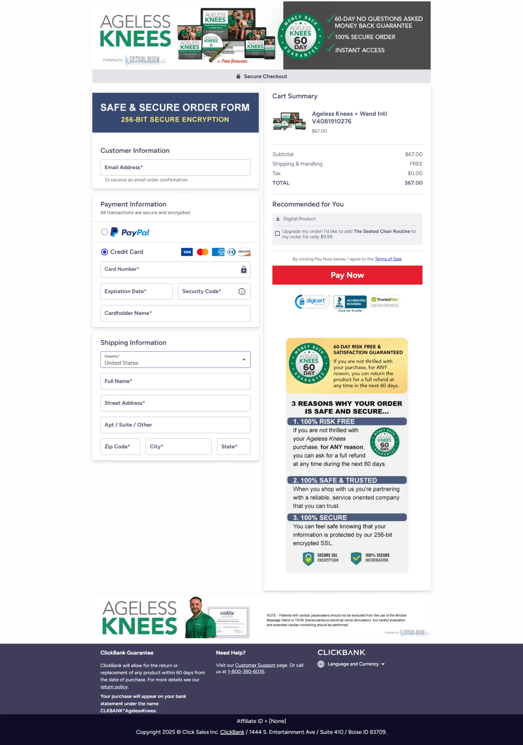 Ageless Knees comes with a 60-day money-back guarantee. If you’re not satisfied for any reason, simply contact support within 60 days for a full refund